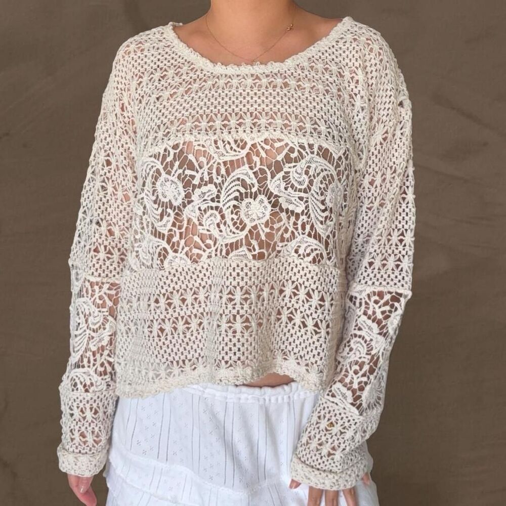H&M white crochet long sleeve top sweater size large